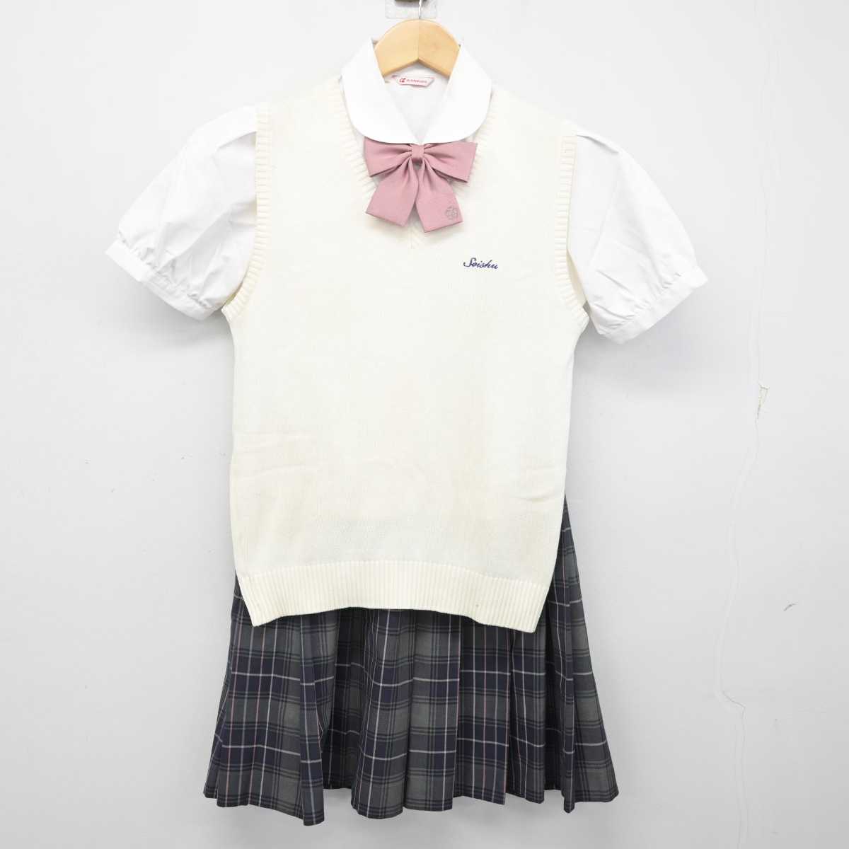 【中古】岡山県 岡山学芸館清秀中学校・高等部 女子制服 4点 (ニットベスト・シャツ・スカート) sf058922