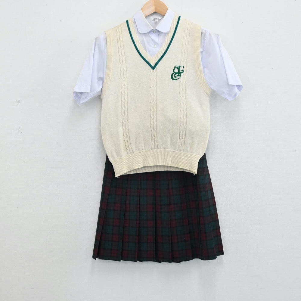 【中古】茨城県 江戸川学園取手中学校 女子制服 4点（シャツ・ニットベスト・スカート）sf004618