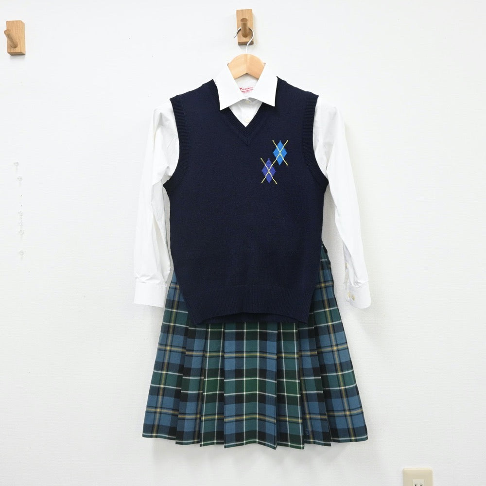 【中古】神奈川県 聖セシリア 女子中学校・高等学校 女子制服 3点（シャツ・ニットベスト・スカート）sf007592