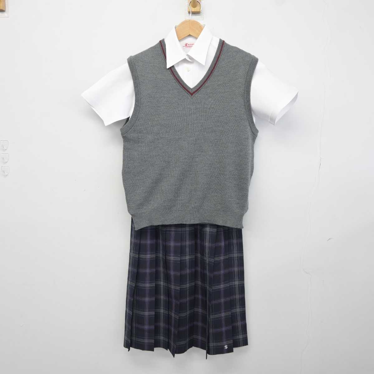 【中古】京都府 朱雀高等学校 女子制服 3点 (ニットベスト・シャツ・スカート) sf041391