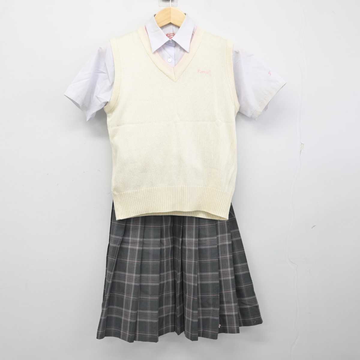 【中古】山梨県 笛吹高等学校 女子制服 3点 (ニットベスト・シャツ・スカート) sf055029