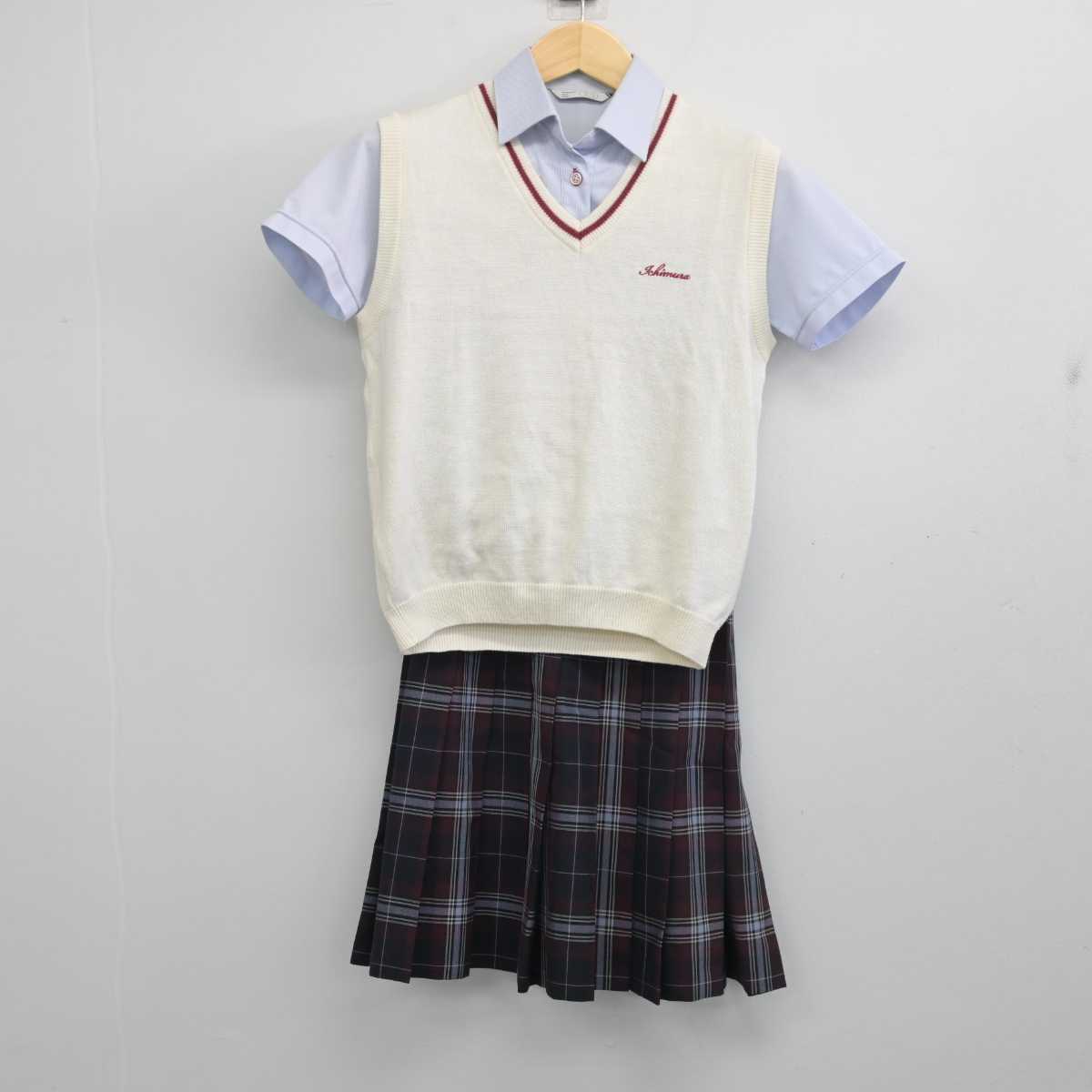 【中古】愛知県 名古屋経済大学市邨高等学校 女子制服 3点 (ニットベスト・シャツ・スカート) sf056629