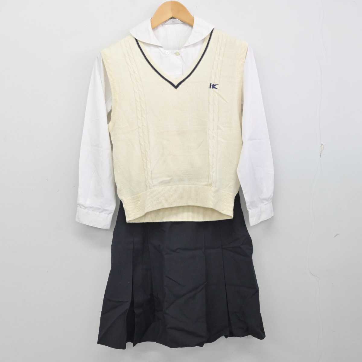 【中古】岡山県 明誠学院高等学校 女子制服 3点 (ニットベスト・シャツ・スカート) sf059058