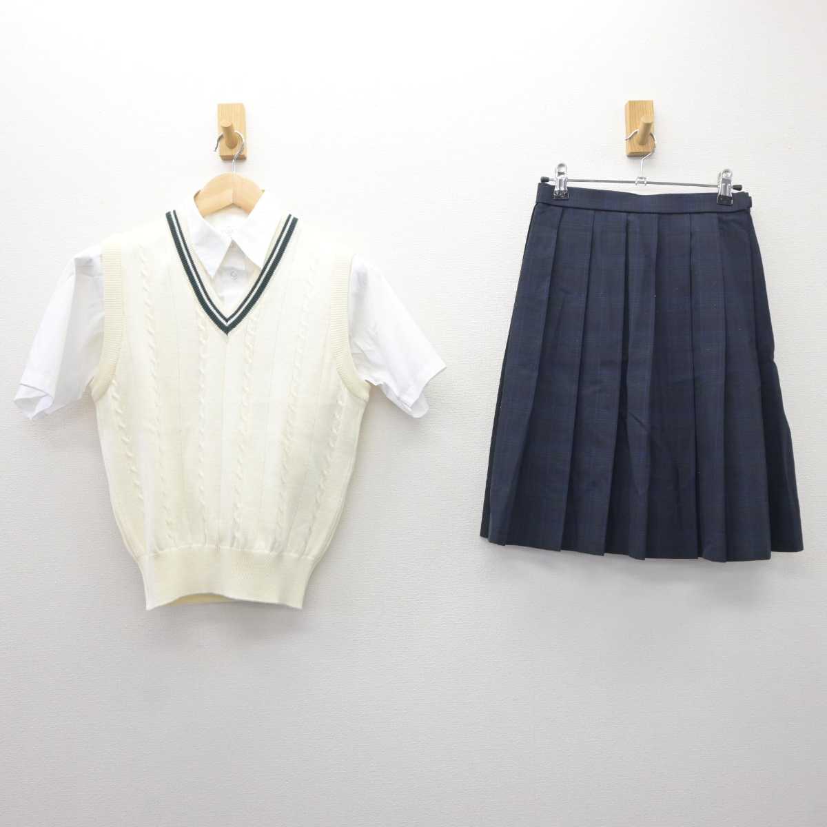 【中古】神奈川県 星槎中学校 女子制服 3点 (ニットベスト・シャツ・スカート) sf060503