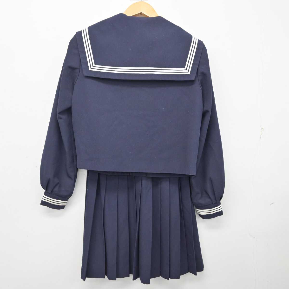 1円 セーラー服 スカート スカーフ 上下3点セット 165A 夏物 茶2本線 女子 学生服 愛知春日井高校 白 制服 中古 ランクC NA1465