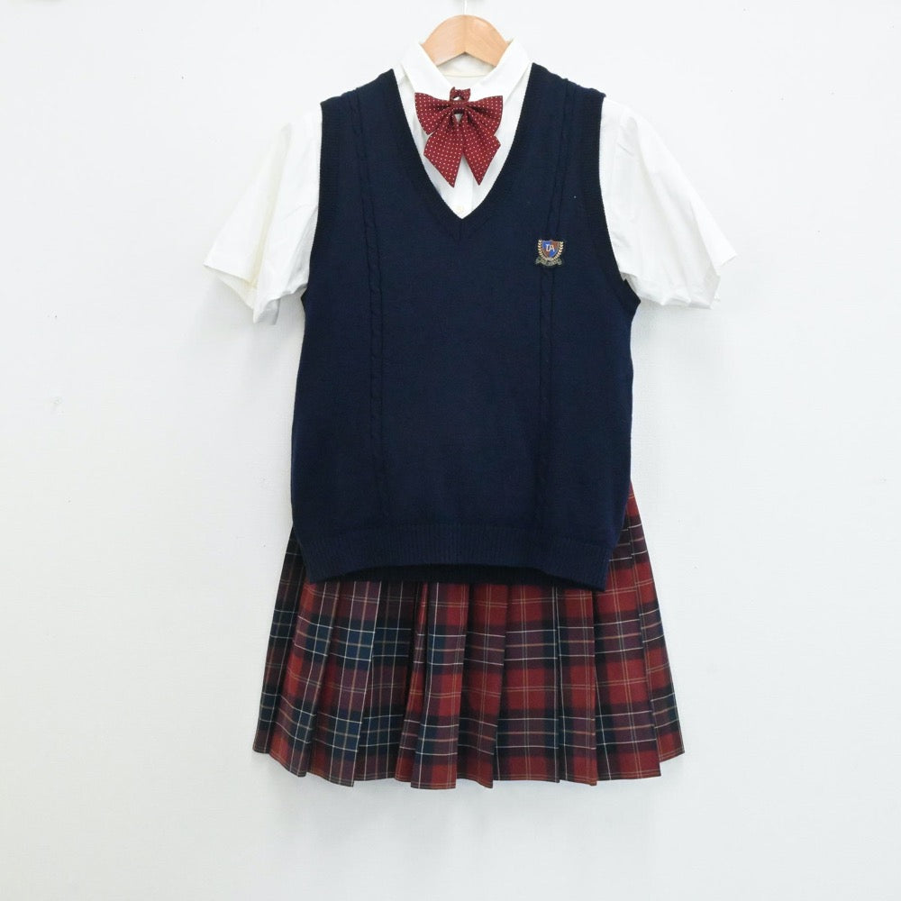 【中古】東京都 東京農業大学第一高等学校中等部 女子制服 5点（ニットベスト・ブラウス 半袖・リボン・スカート ） sf000238