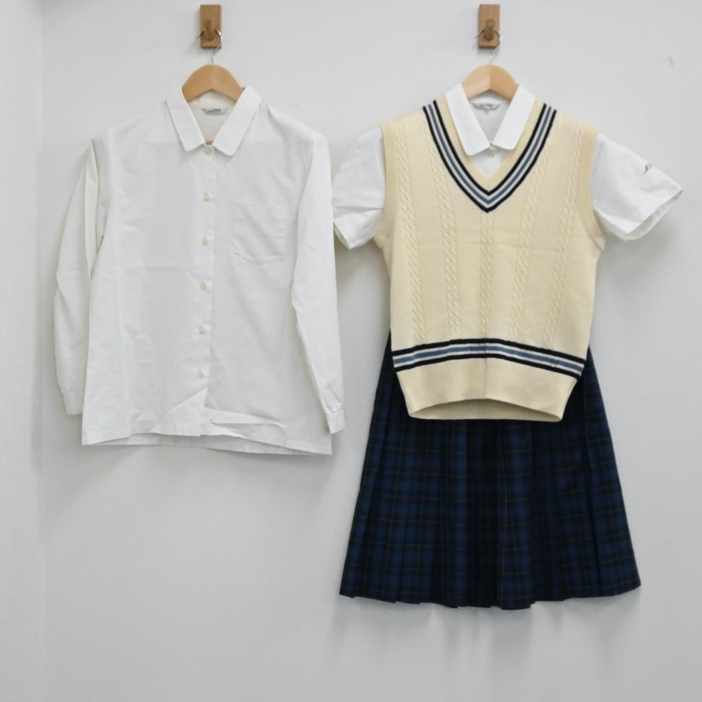 【中古】島根 松江市立女子高等学校 女子制服 4点（シャツ・シャツ・ニットベスト・スカート）sf001854