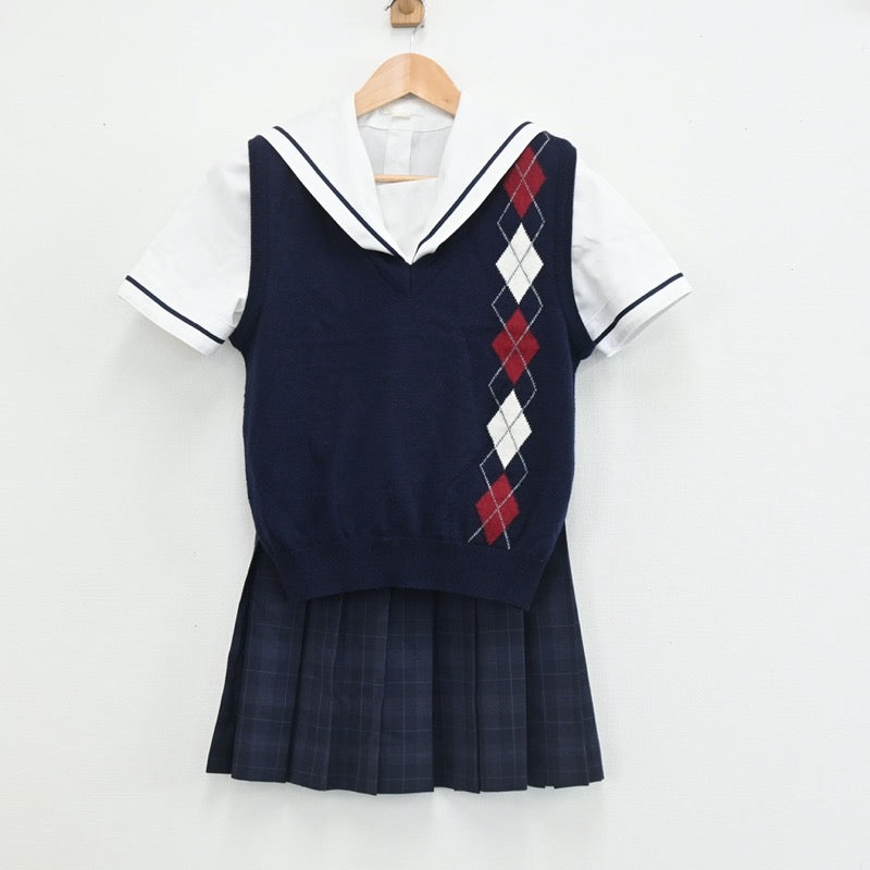 【中古】岡山県 県立岡山芳泉高等学校 女子制服 4点（セーラー服・ニットベスト・スカート）sf003456