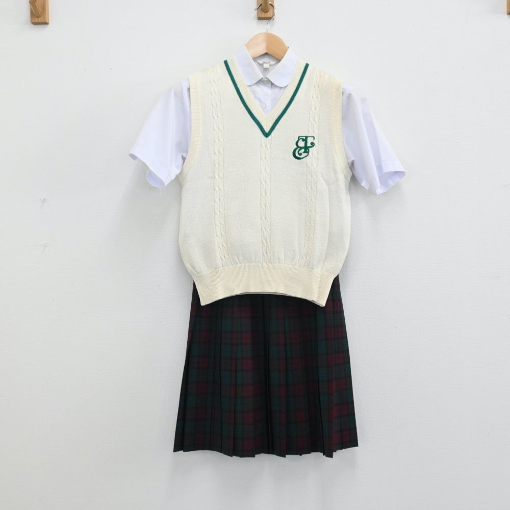 【中古】茨城県 江戸川学園取手高等学校 女子制服 4点（シャツ・ベスト・ニットベスト・スカート）sf004625