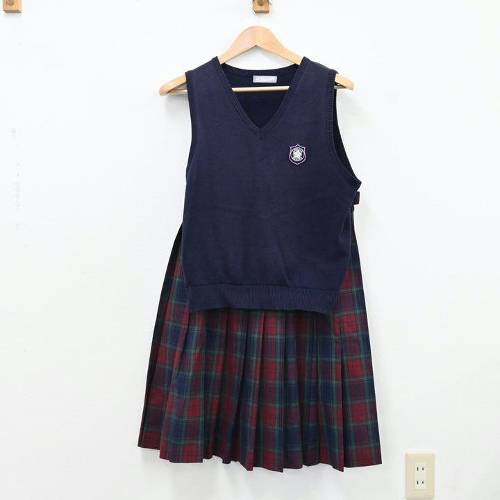 【中古】福岡県 筑陽学園高等学校 女子制服 2点（ニットベスト・スカート）sf009427