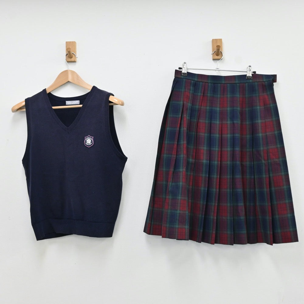 【中古】福岡県 筑陽学園高等学校 女子制服 2点（ニットベスト・スカート）sf009427