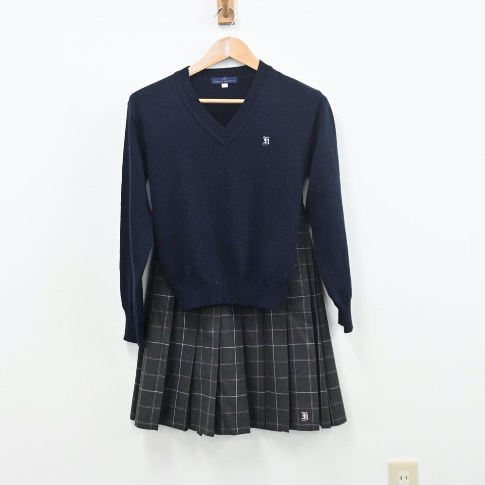 【中古】大阪府 久米田高等学校 女子制服 5点（ブレザー・シャツ・ニット・スカート）sf010009