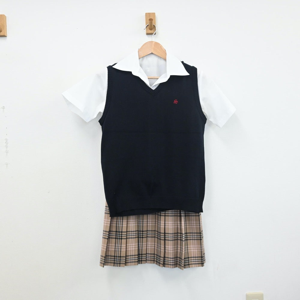 【中古】福岡県 誠修高等学校 女子制服 5点（シャツ・シャツ・ニットベスト・スカート）sf010258