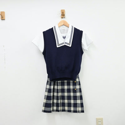 【中古】東京都 鶴川高等学校 女子制服 4点（シャツ・シャツ・ニットベスト・スカート）sf012042