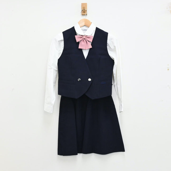 【中古】岡山県 岡山学芸館清秀中学校 女子制服 5点（ブレザー・シャツ・ベスト・スカート）sf012948