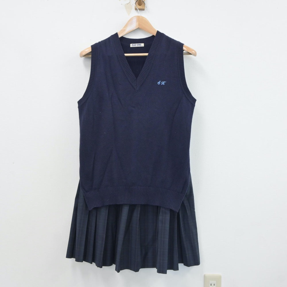 【中古】大阪府 堺上高等学校 女子制服 2点（ニットベスト・スカート）sf017846