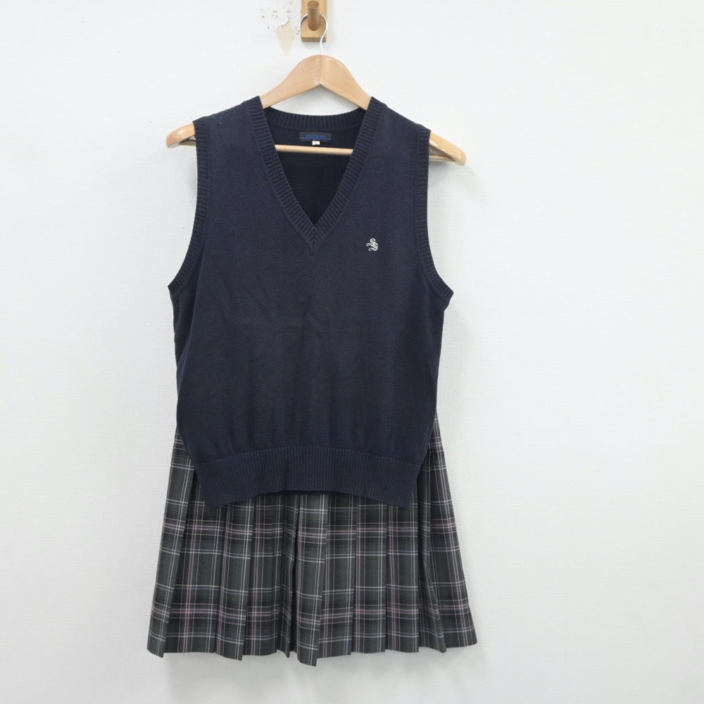 【中古】埼玉県 草加南高等学校 女子制服 2点（ニットベスト・スカート）sf018018