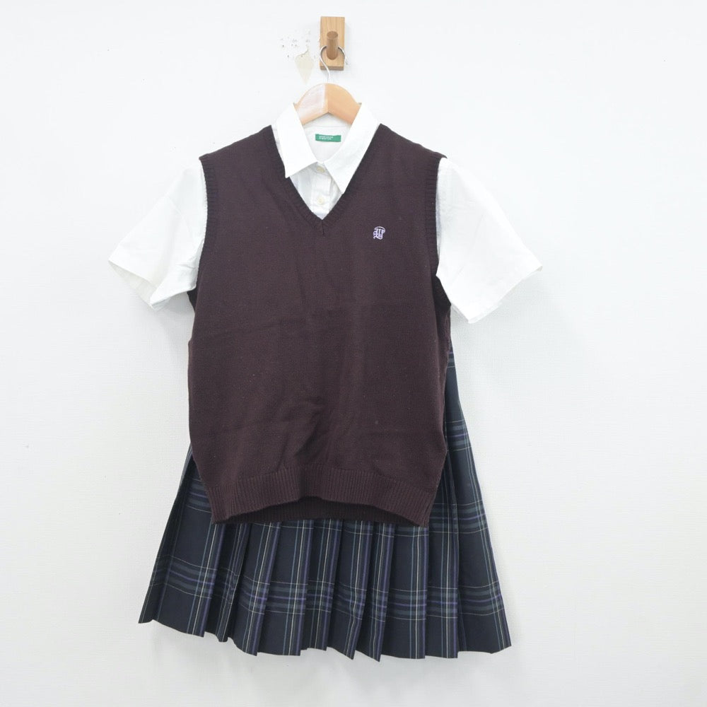 【中古】福岡県 福岡大学附属若葉高等学校 女子制服 4点（ニットベスト・シャツ・スカート）sf020009