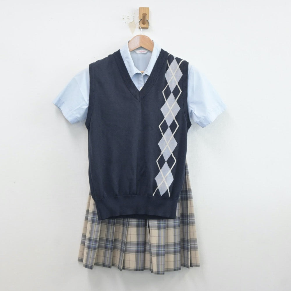 【中古】福岡県 三井中央高等学校 女子制服 3点（ニットベスト・シャツ・スカート）sf020362