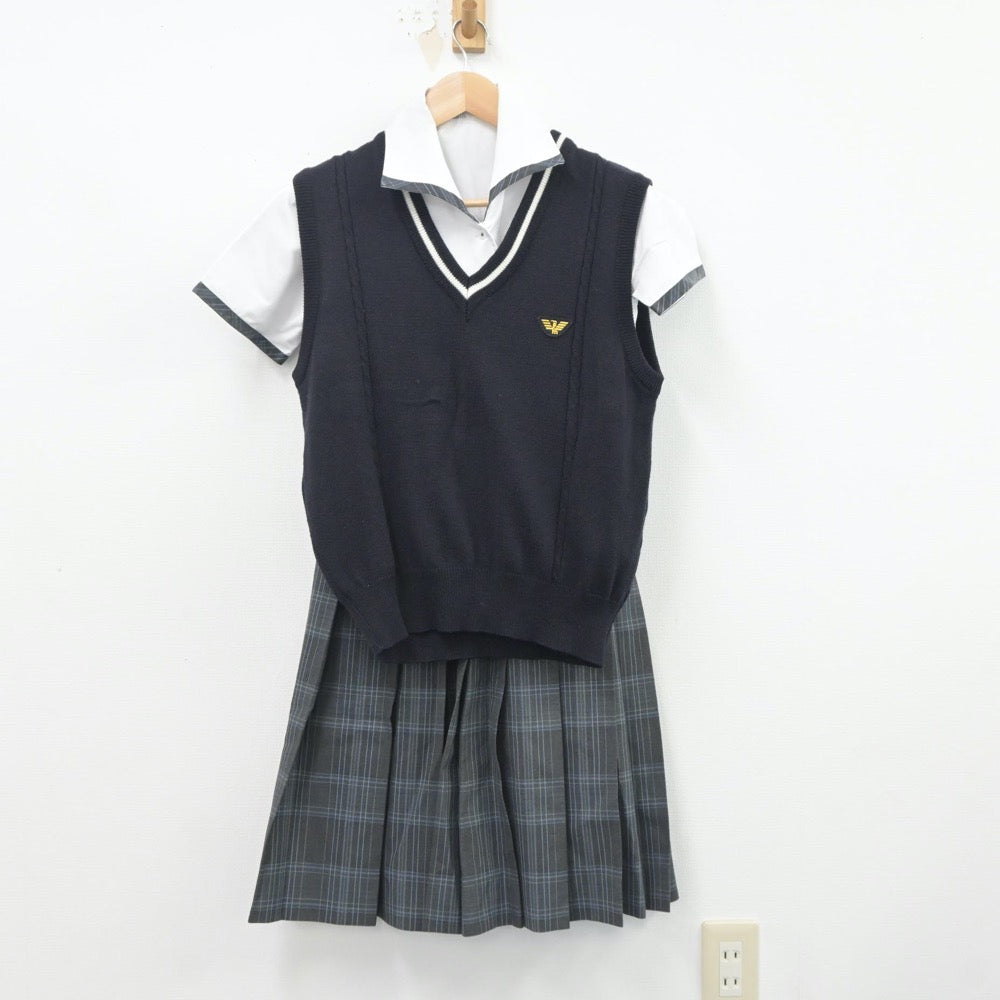 【中古】兵庫県 明石西高等学校 女子制服 4点（ニットベスト・シャツ・スカート）sf021073