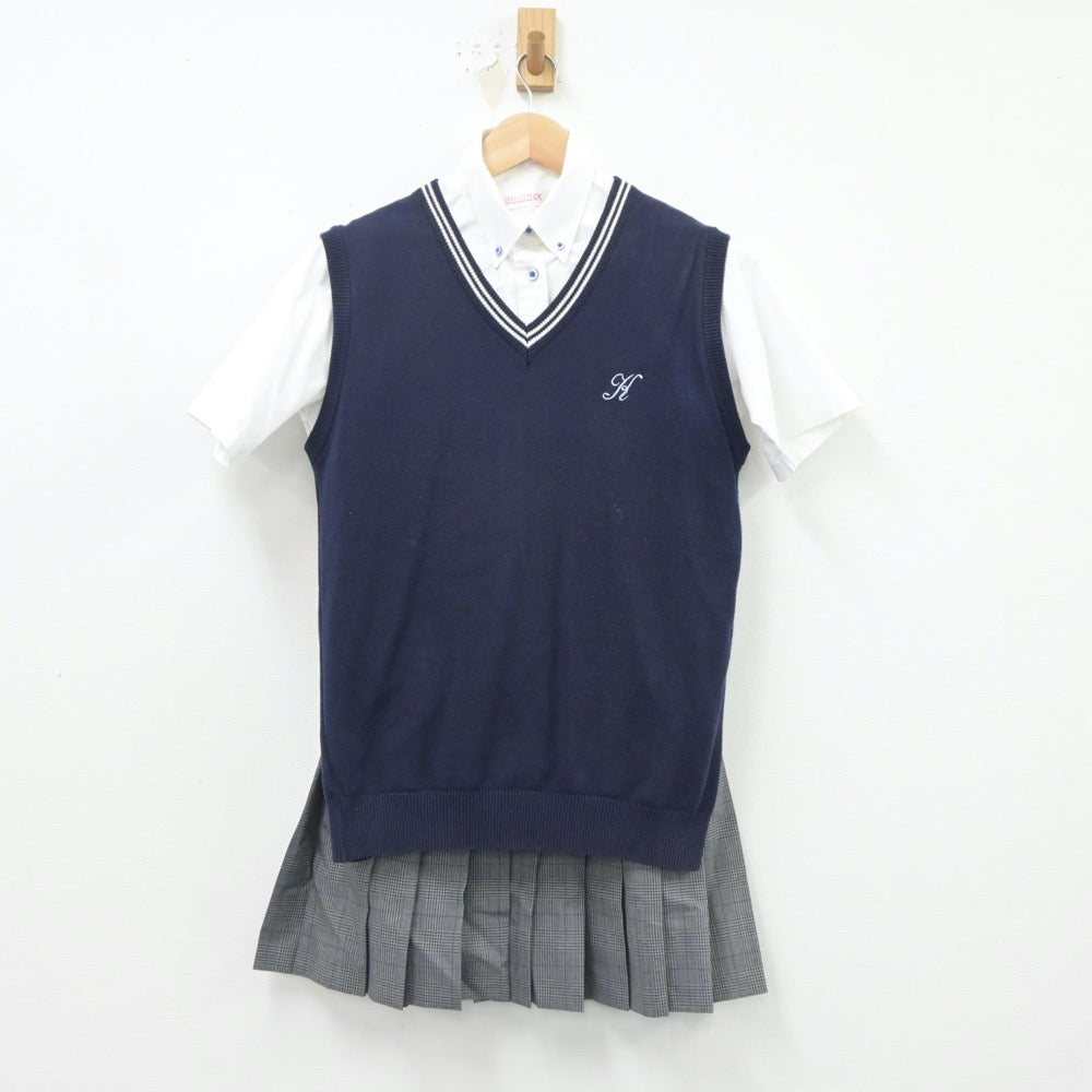 【中古】大阪府 近畿大学付属高校 女子制服 4点（ニットベスト・シャツ・スカート）sf021288