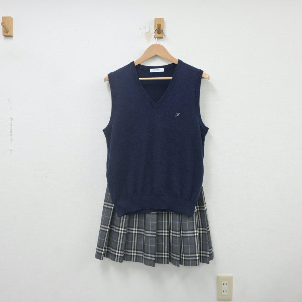 【中古】東京都 深川高等学校 女子制服 2点（ニットベスト・スカート）sf022216