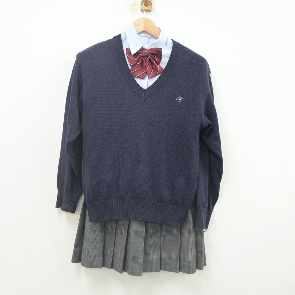 【中古】岡山県 玉島商業高等学校 女子制服 5点（ブレザー・ニット・シャツ・スカート）sf022383