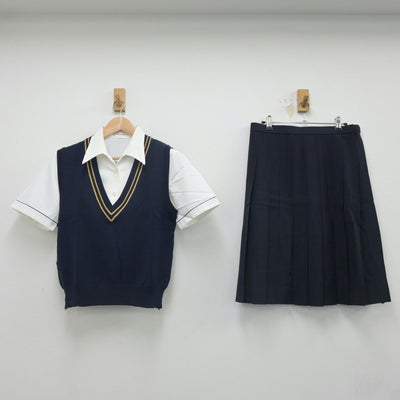 【中古】福岡県 久留米商業高等学校 女子制服 3点（ニットベスト・シャツ・スカート）sf023523