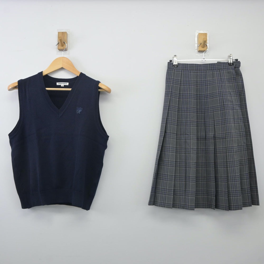 【中古】東京都 明治大学付属中野八王子中学高等学校 女子制服 2点（ニットベスト・スカート）sf024083