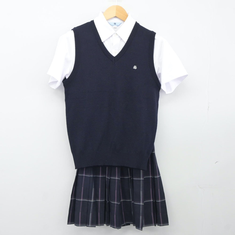 【中古】神奈川県 清心女子高等学校 女子制服 3点（ニットベスト・シャツ・スカート）sf024475