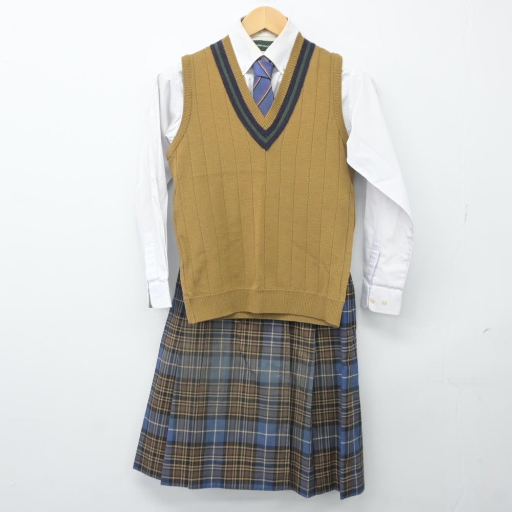 【中古】岡山県 岡山学芸館高等学校 女子制服 5点（ニットベスト・シャツ・スカート）sf024989