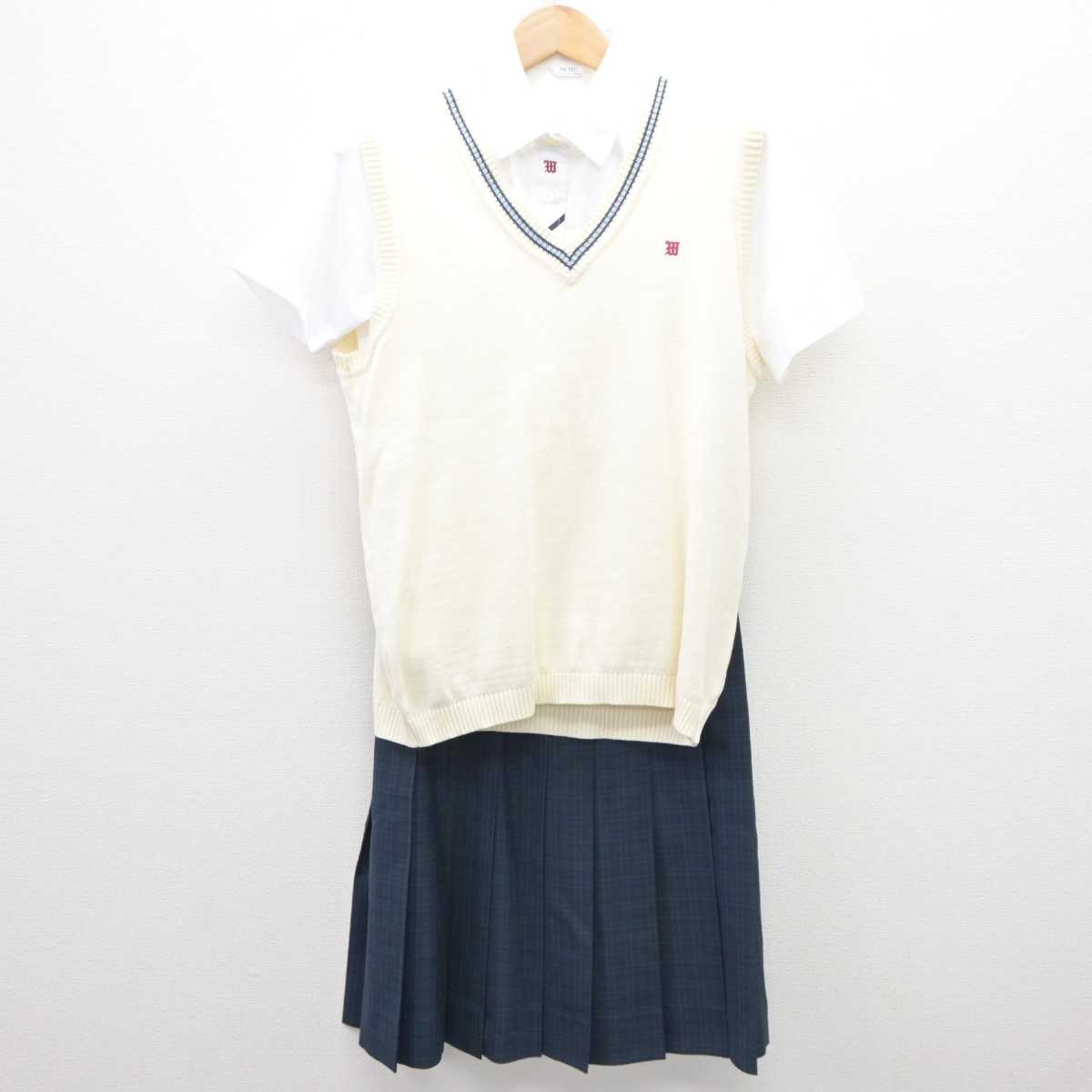 【中古】福島県 若松商業高等学校 女子制服 3点（ニットベスト・シャツ・スカート）sf035491