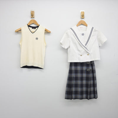 【中古】岡山県 美作高等学校 女子制服 3点（セーラー服・ニットベスト・スカート）sf039170